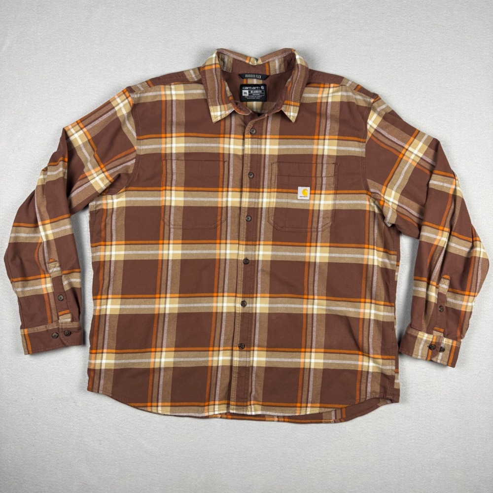 Carhartt Rugged Flex Plaid Flannel Shirt Mens 2XL Brown Orange‎ TW5945-M Relaxed